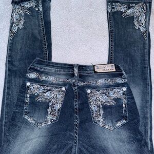 Grace in LA Bootcut Jeans 27 Embroidered Bling Western Y2K Mid Rise